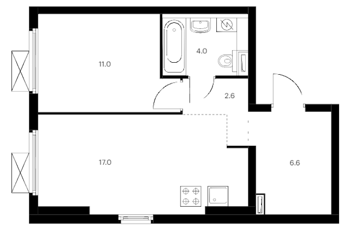1-комнатная квартира 41.2 м², 3/11 эт., ЖК «Витебский парк»